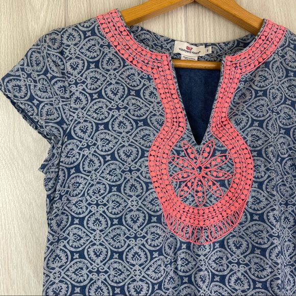 Vineyard Vines Blue Patterned Embroidered Linen Blend Short Sleeve Tunic Dress - Picture 2 of 4